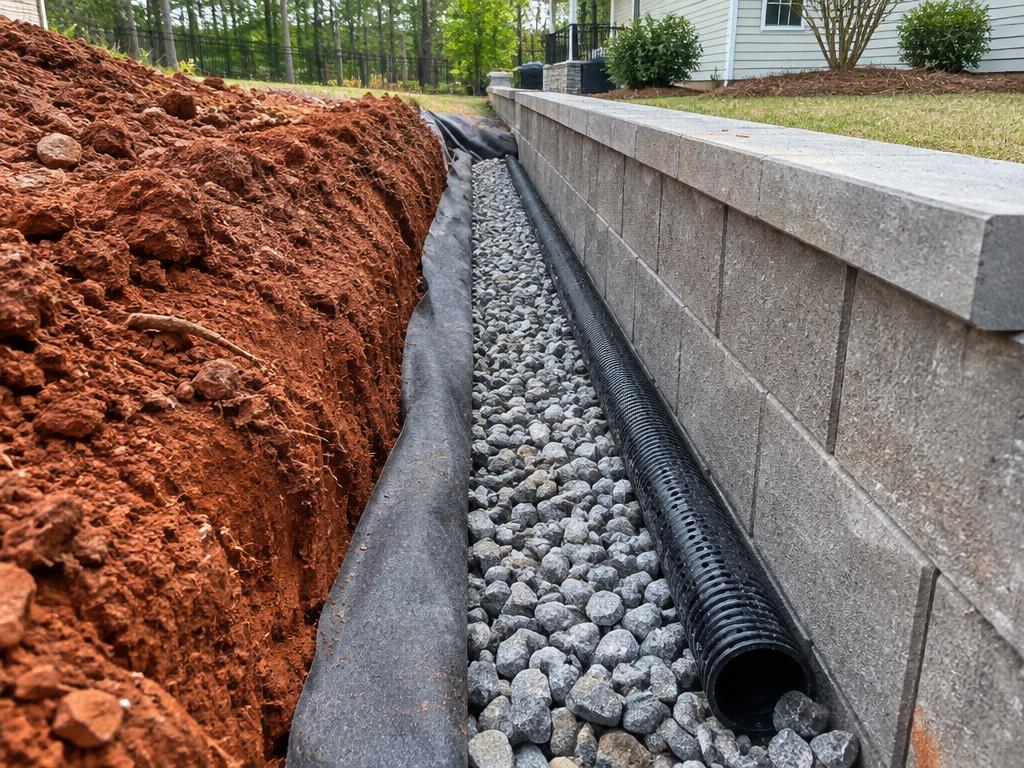 Drainage Behind Retaining Walls: residential wall detail in an Upstate garden