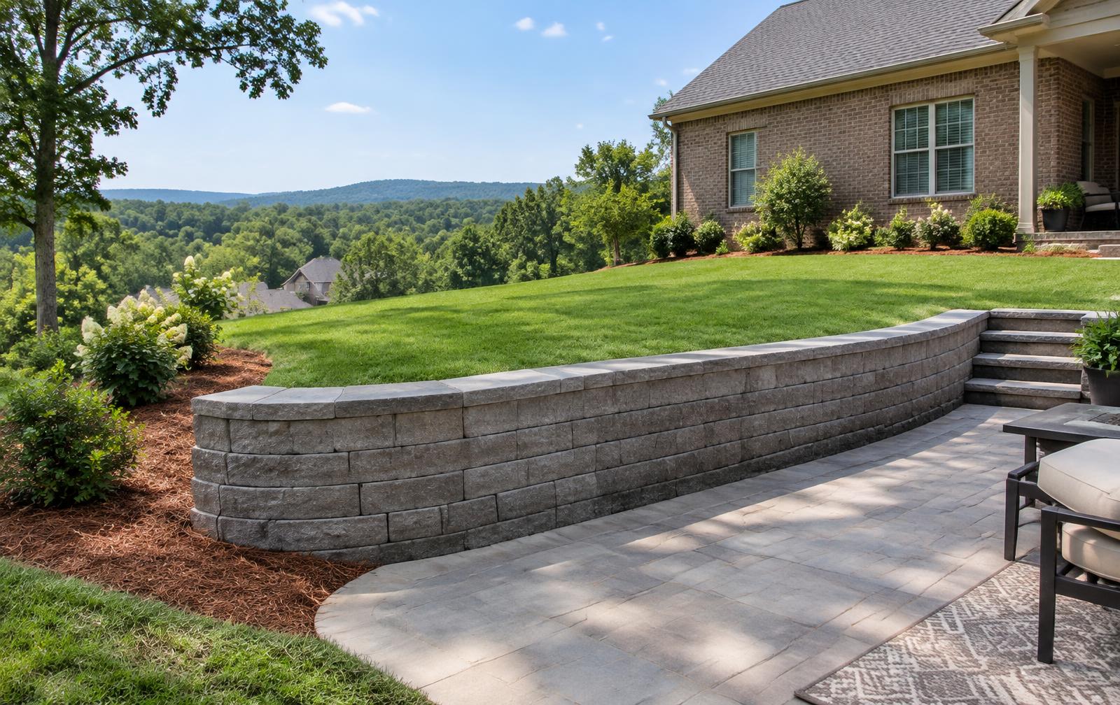 Low curved block retaining wall beside a patio and green Upstate lawn